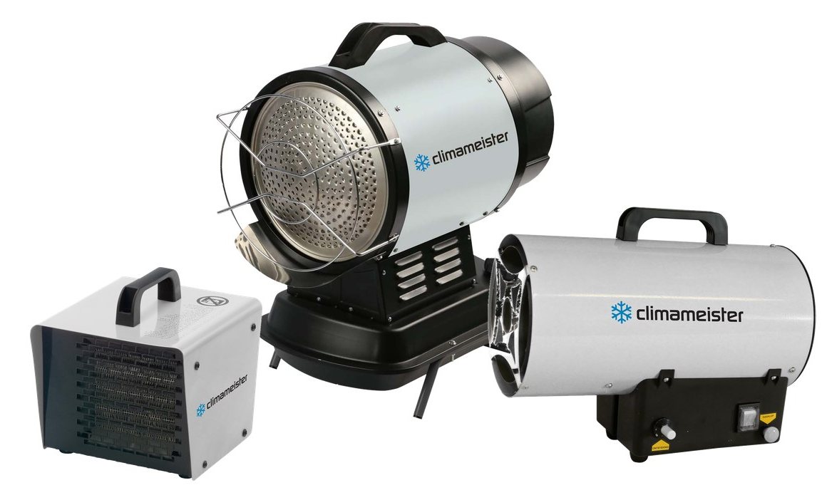 Drie Climameister-heaters: elektrisch, diesel en gas