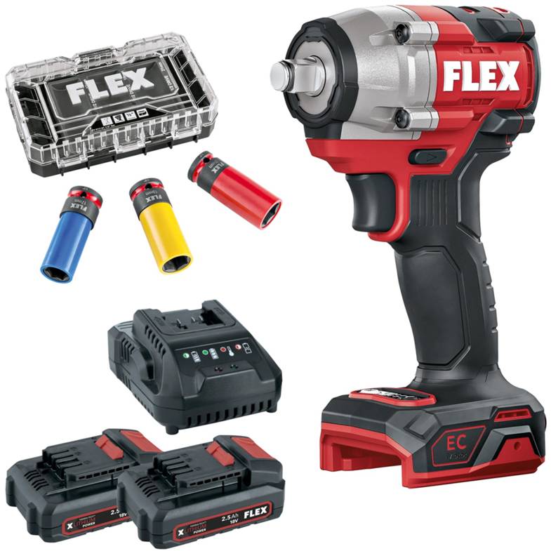 FLEX IW 1/2" 400 18-EC C + P-Set 22 Q + IPS D17-21 1/2" Set | Compacte 18 V accuslagmoersleutel met slagdoppenset