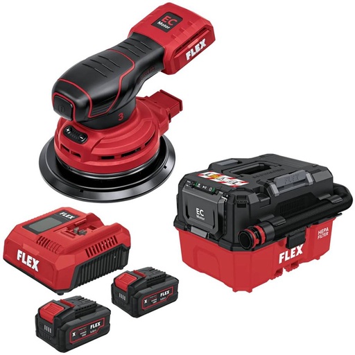 FLEX VC 9 L MC 18 RC + P-Set 55 + ORE 3-150 18-EC C | Accu-excenterschuurmachine + accu-stofzuiger 9 l, klasse L 18 V