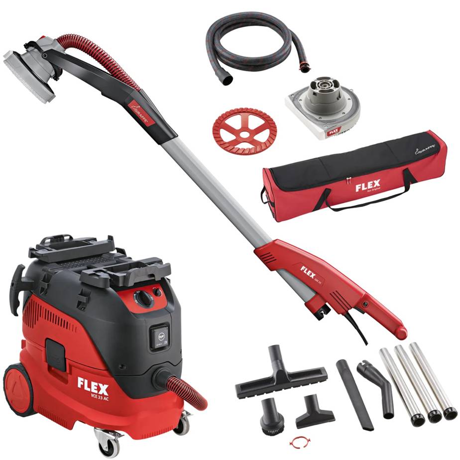 FLEX VCE 33 L AC-Set + GDE 10 Set-Turbo-Jet | Wand- en plafondschuurmachine Giraffe® met wisselkopsysteem voor beton + veiligheidsstofzuiger 30 l, klasse L