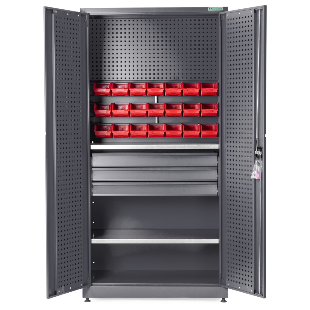 Huvema Materiaalkast met 2 planken, 3 lades, gereedschapsbord, 21 opbergbakken | BL 3D 1000X500X2000 MC G