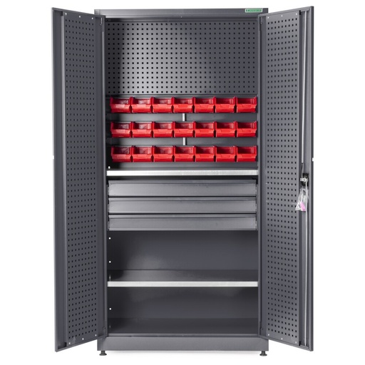Huvema Materiaalkast met 2 planken, 3 lades, gereedschapsbord, 21 opbergbakken | BL 3D 1000X500X2000 MC G