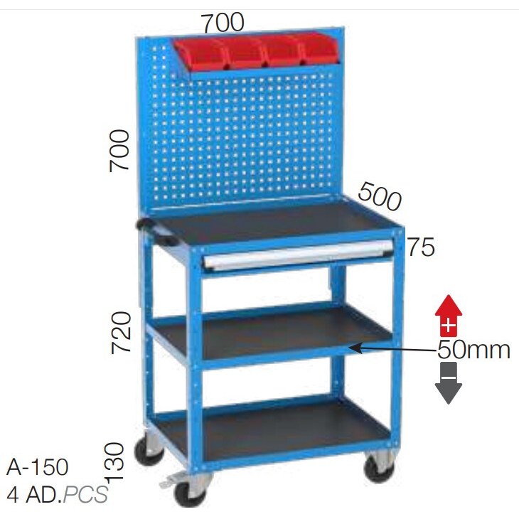Huvema Mobiele werkbank met 3 planken, 1 lade en bord | BL 1D 700x500x850 TR